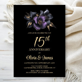 Invitación Floral gris morado negro 15° aniversario