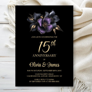 Invitación Floral gris morado negro 15° aniversario