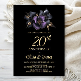 Invitación Floral gris morado negro 20° aniversario