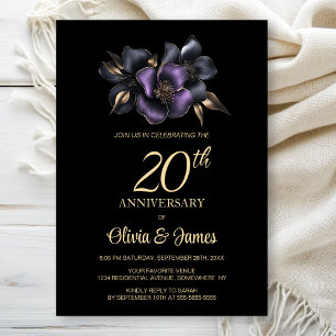 Invitación Floral gris morado negro 20° aniversario