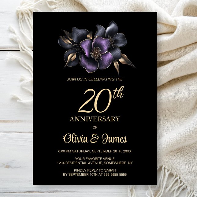 Invitación Floral gris morado negro 20° aniversario (Subido por el creador)
