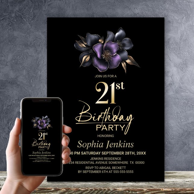 Invitación Floral gris morado negro 21 Fiesta de cumpleaños (Subido por el creador)