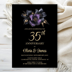 Invitación Floral gris morado negro 35 años