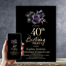 Invitación Floral gris morado negro 40 Fiesta de cumpleaños