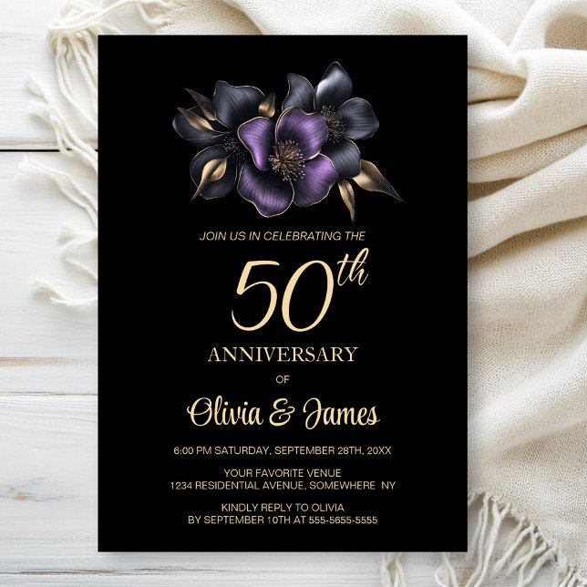 Invitación Floral gris morado negro 50° aniversario (Subido por el creador)