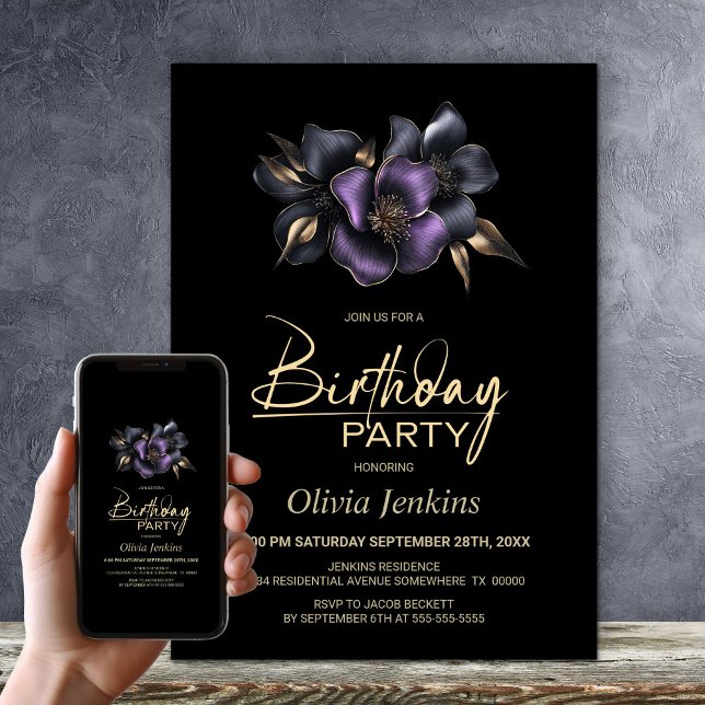 Invitación Floral gris morado negro cualquier fiesta de cumpl (Subido por el creador)