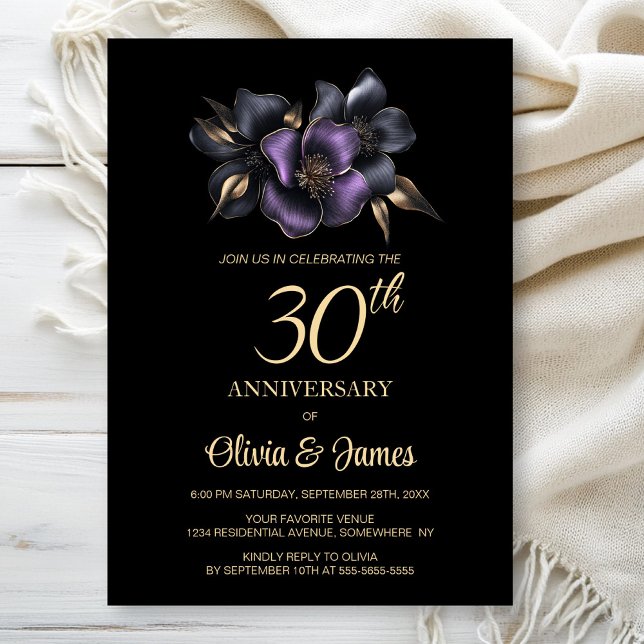 Invitación Floral gris morado negro trigésimo aniversario (Subido por el creador)