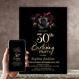 Invitación Floral gris negro de Borgoña 30 Fiesta de cumpleañ