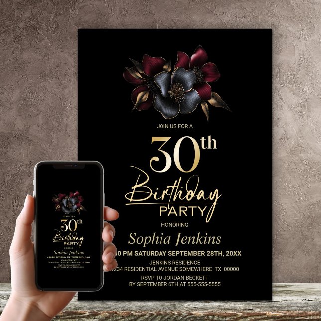Invitación Floral gris negro de Borgoña 30 Fiesta de cumpleañ (Subido por el creador)