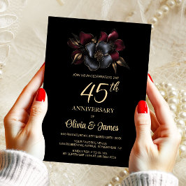 Invitación Floral gris negro de Borgoña 45º aniversario