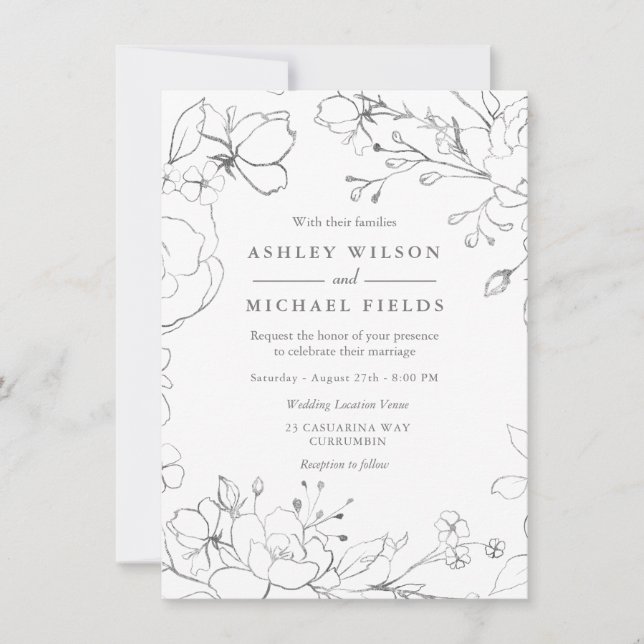 Invitación Floral gris plateado Moderno matrimonio elegante (Anverso)