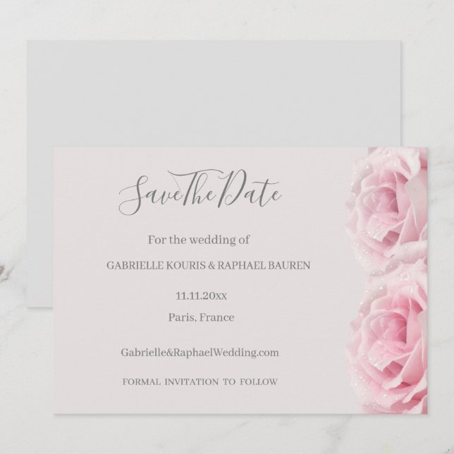Invitación Floral gris rosa de Rubor Salve al Boda de fechas (Anverso / Reverso)