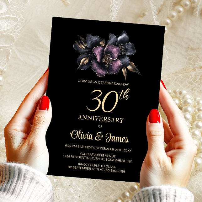 Invitación Floral gris rosa y denso 30° aniversario Boda (Subido por el creador)