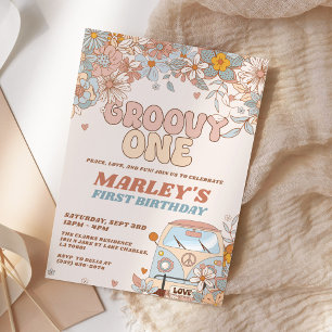 Invitación Floral Groovy Un retro Primer Fiesta de cumpleaños