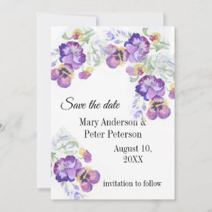 Invitación Floral guardar la fecha púrpura pansies