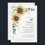 Invitación Floral Guión de girasol 60 cumpleaños<br><div class="desc">Eucalyptus Sunflower Floral Script 60th Birthday Invitation puede personalizar fácilmente con los detalles de su fiesta haciendo clic en el botón "Personalizar". Con flores y vegetación amarillo brillante suculento con un marco geométrico de Relieve metalizado dorado y tipografía moderna</div>