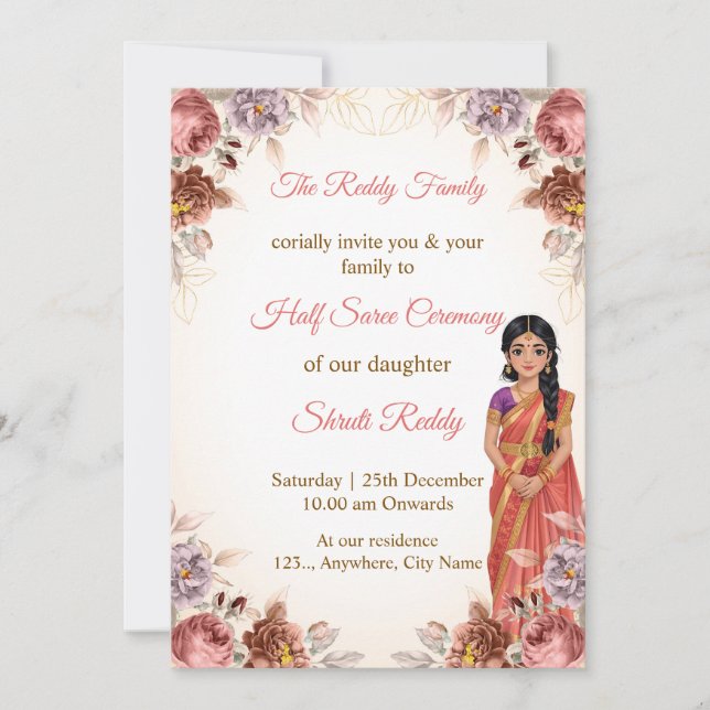 Invitación Floral Half Saree Ceremony Invitation (Anverso)