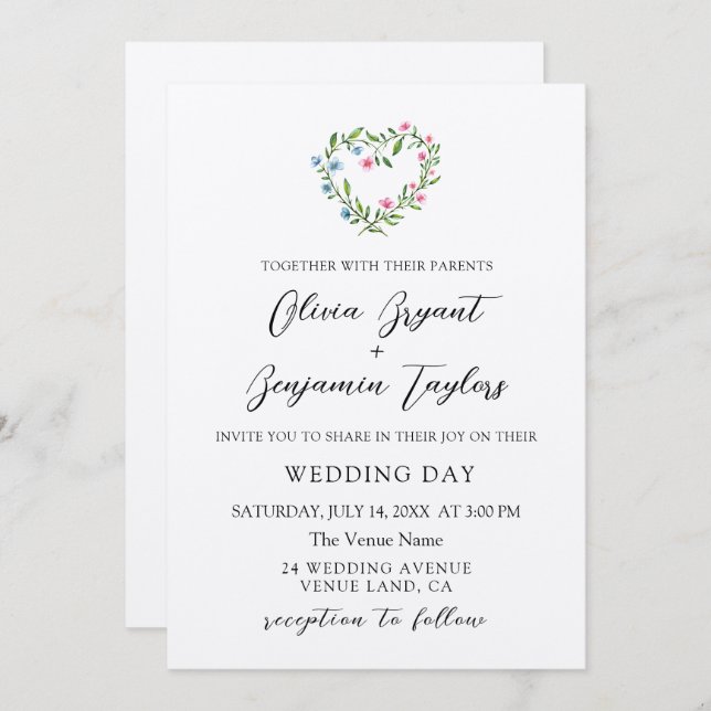 Invitación Floral Heart Wreath. Boda rústica y elegante (Anverso / Reverso)