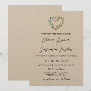 Invitación Floral Heart Wreath. Boda rústica y elegante