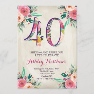 invitación floral hermosa del 40.o cumpleaños,