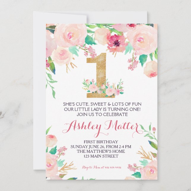 Invitación floral hermosa rosada del primer (Anverso)