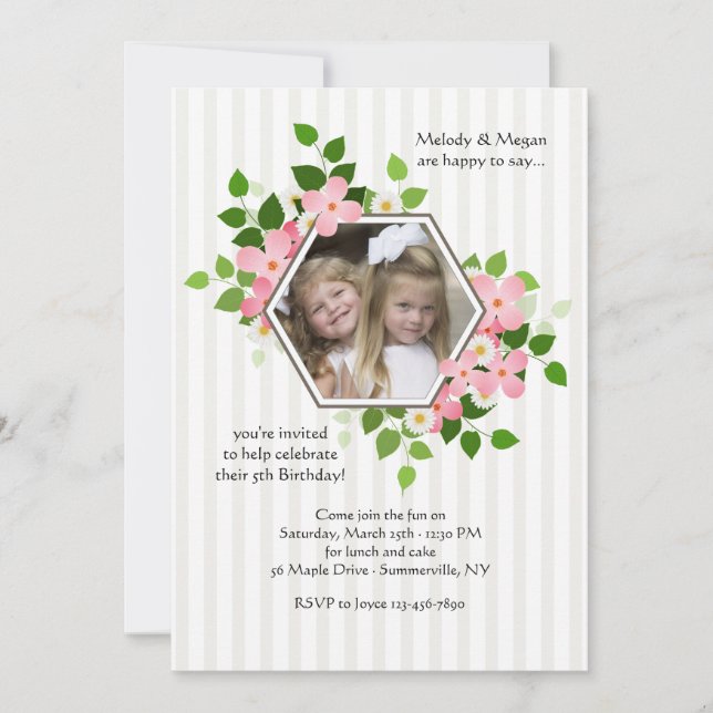 Invitación floral hexagonal con foto (Anverso)
