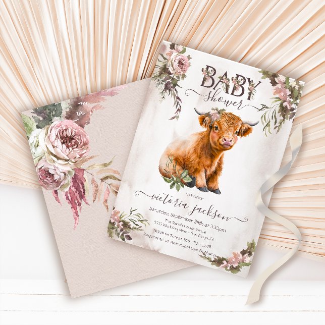 Invitación Floral Highland Cow Baby Shower (Subido por el creador)