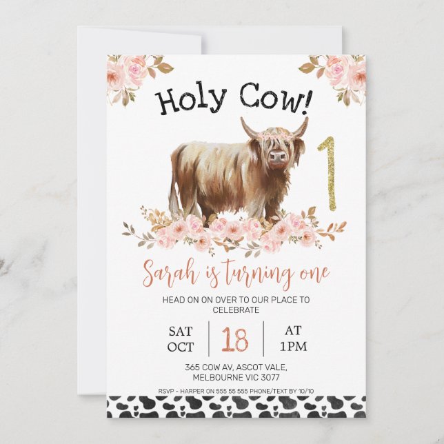 Invitación Floral Highland Holy Cow Imprimir Primer Cumpleaño (Anverso)