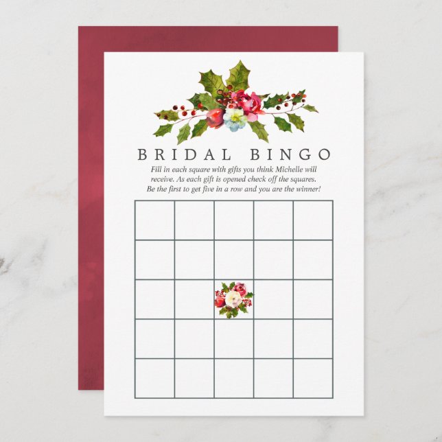 Invitación Floral Holly Navidades Bridal Shower Bingo (Anverso / Reverso)