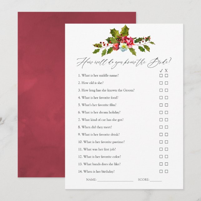 Invitación Floral Holly Navidades juego de ducha de novia (Anverso / Reverso)