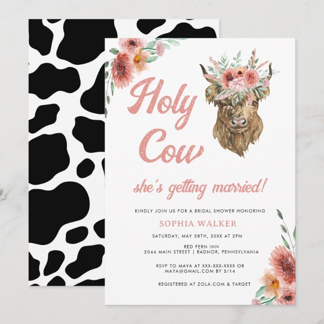 Invitación Floral Holy Cow Western Bridal Shower (Anverso / Reverso)