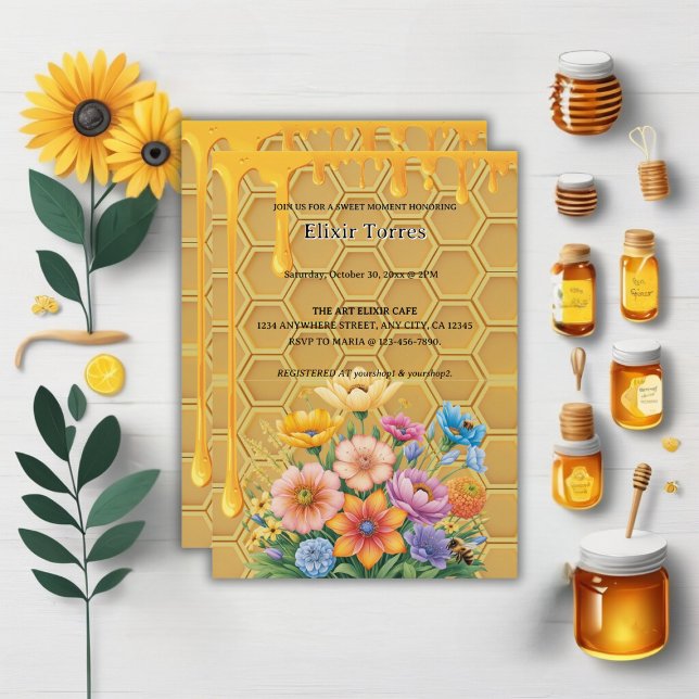 Invitación Floral Honeycomb Honeybee Honey Drip Baby Shower (Subido por el creador)