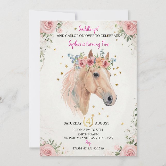 Invitación Floral Horse Kids Birthday Invite Template (Anverso)