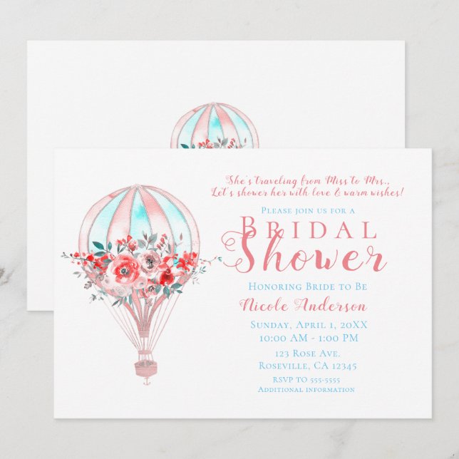 Invitación Floral Hot Air Spring Travelling Bridal Shower (Anverso / Reverso)