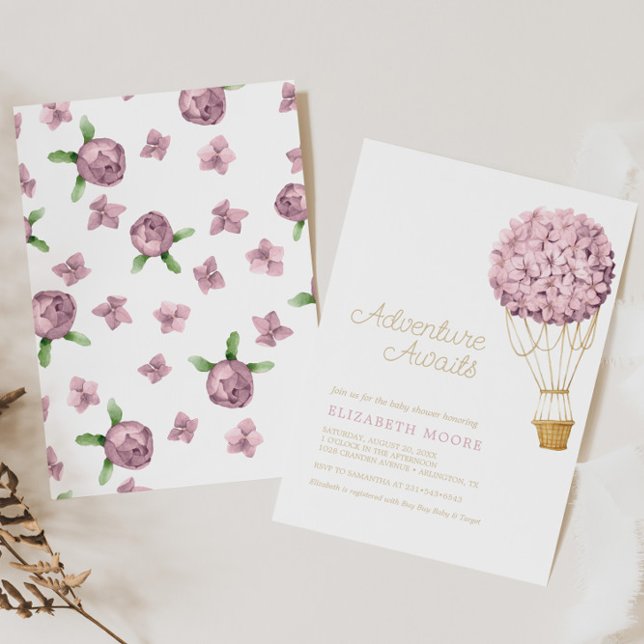 Invitación Floral Hydrangea Air Balloon Baby Shower | (Subido por el creador)
