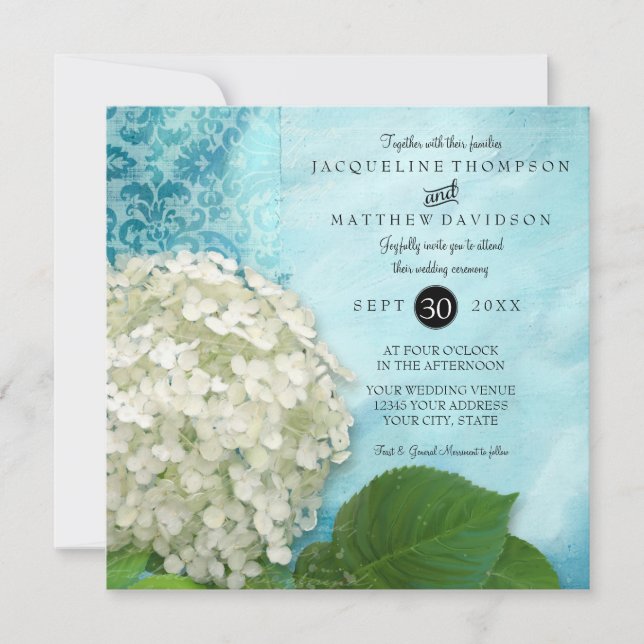 Invitación Floral Hydrangea Azul Clásico Blanco Elegante Form (Anverso)