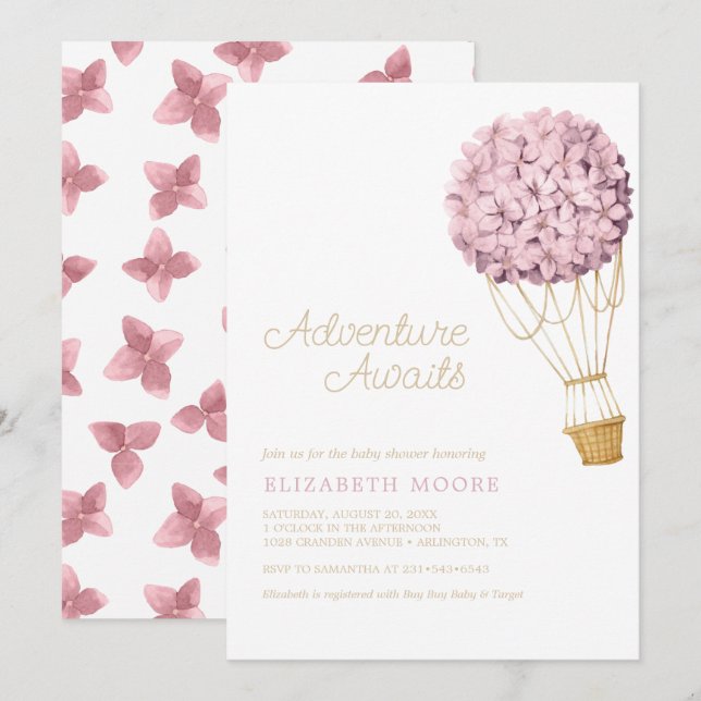 Invitación Floral Hydrangea Hot Air Balloon Baby Shower | (Anverso / Reverso)