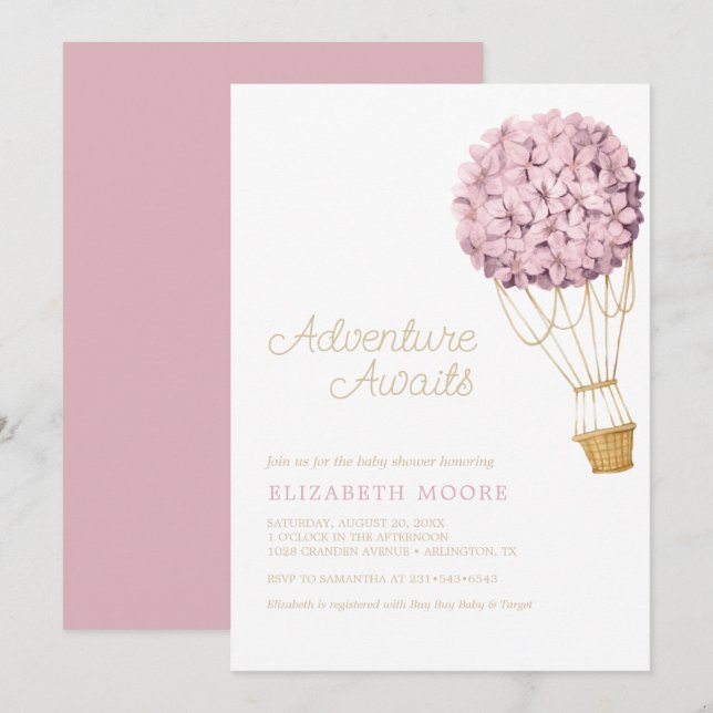 Invitación Floral Hydrangea Hot Air Balloon Baby Shower | (Anverso / Reverso)