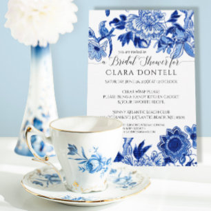 Invitación Floral Influencia Asiática Azul Bridal Ducha Azul