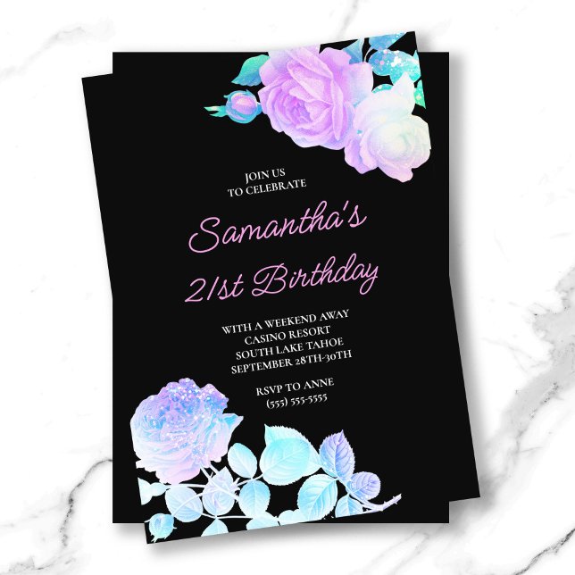 Invitación Floral irlandés negro y rosa 21 cumpleaños (Iridescent Floral Black and Pink 21st Birthday Invitation)
