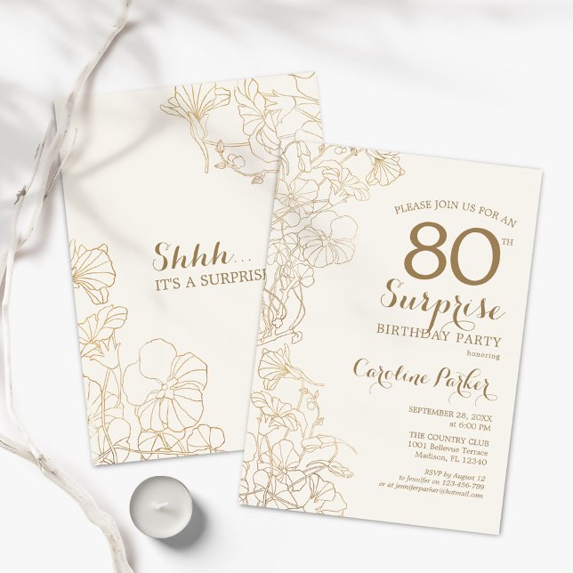 Invitación Floral Ivory Gold Surprise 80th Birthday Party (Subido por el creador)