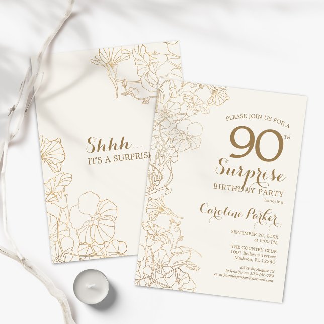 Invitación Floral Ivory Gold Surprise Fiesta de cumpleaños nú (Subido por el creador)