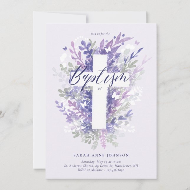 Invitación Floral Jardín Morado Foliage Cruz Baptismo Bebé (Anverso)