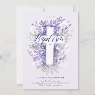 Invitación Floral Jardín Morado Foliage Cruz Baptismo Bebé