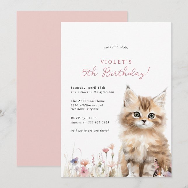 Invitación Floral Kitten Cute Cat Tema Chica Fiesta de Cumple (Anverso / Reverso)