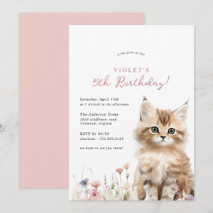 Invitación Floral Kitten Cute Cat Tema Chica Fiesta de Cumple