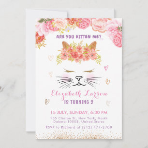 Invitación Floral Kitty Birthday Kids Curte Golden Fiesta