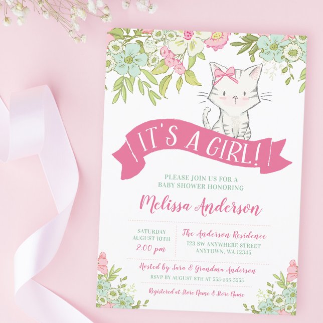 Invitación Floral Kitty Chica Baby Shower (Subido por el creador)