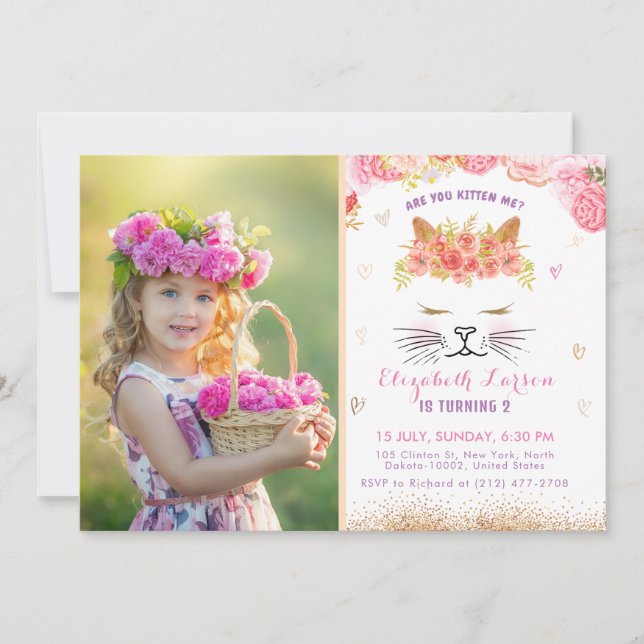 Invitación Floral Kitty Photo Birthday Kids Cute Fiesta dorad (Anverso)