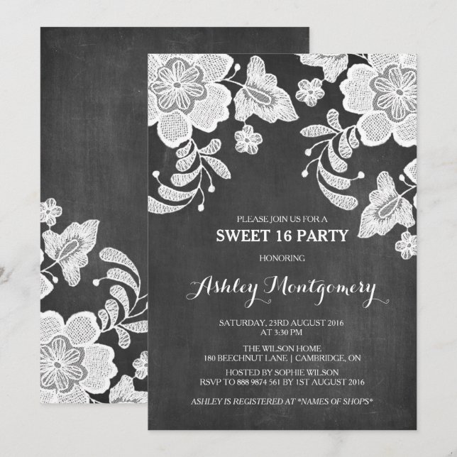 Invitación Floral Lace | Chalkboard Sweet Dieciséis Invitacio (Anverso / Reverso)